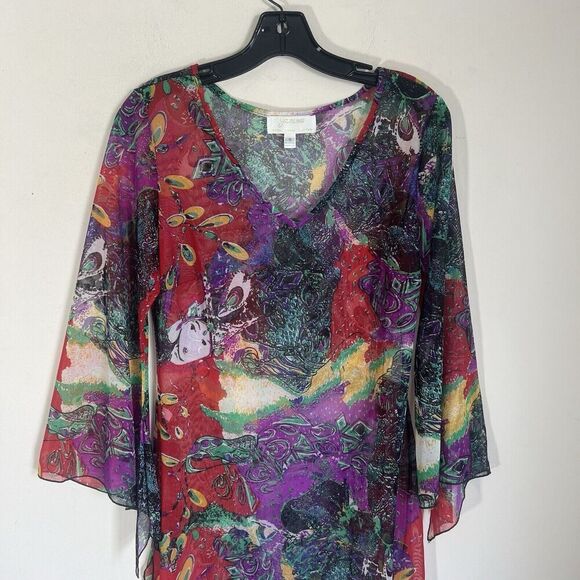 VTG Japanese Inspo Y2K Tunic Top 90s Mesh Geisha Girl Hanky Asymmetrical Hem S - Picture 3 of 10